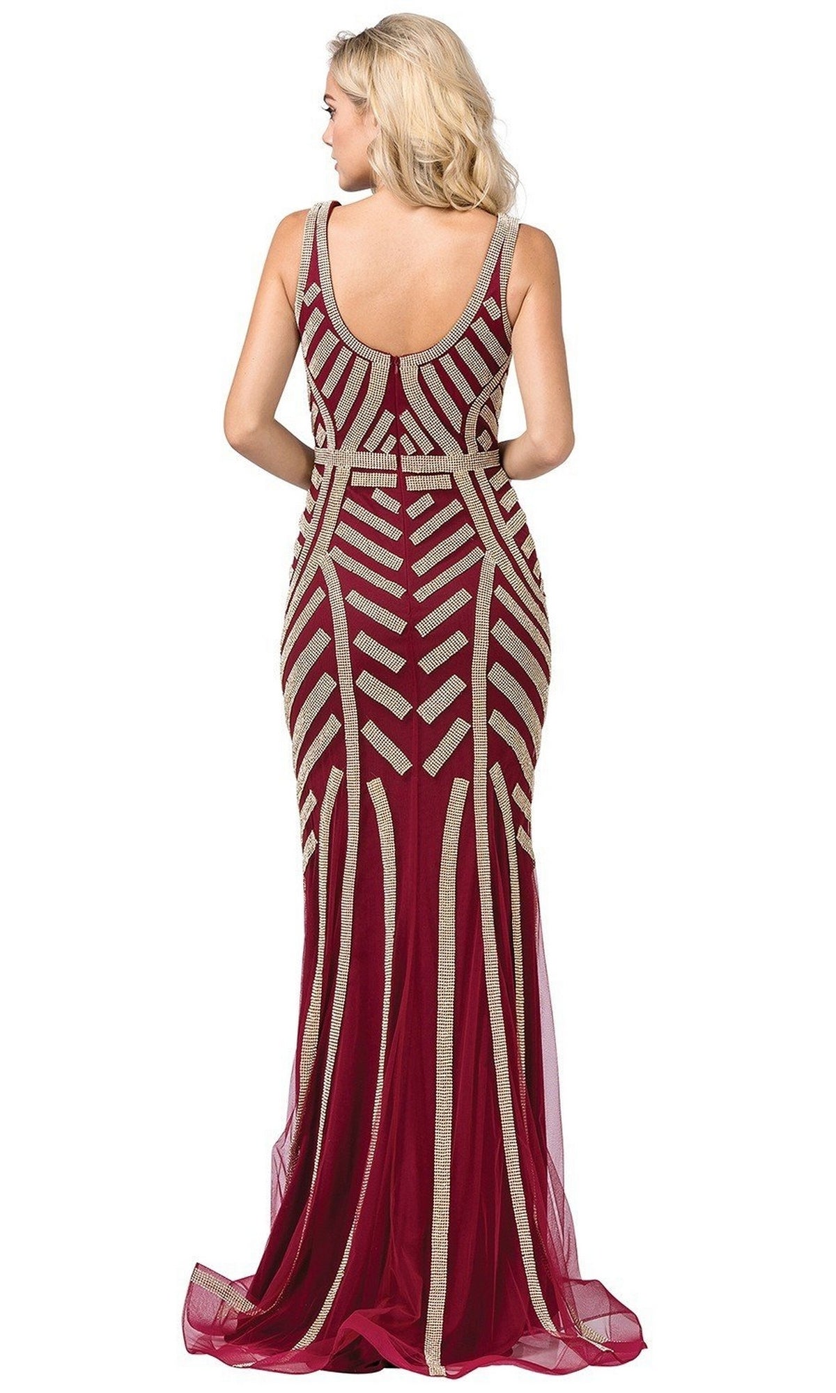 A woman with blonde hair faces away from the camera, wearing the Bead-Striped Long Formal Dress—a sleeveless maroon evening gown featuring gold geometric patterns.